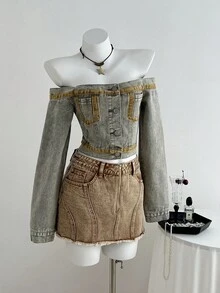 Elamini Women's Casual Washed Frayed Denim Mini Skirt - Khaki - View 6