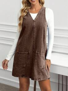 EMERY ROSE Váy denim giặt thường ngày cỡ lớn có hai túi - Cà phê nâu - Xem 3