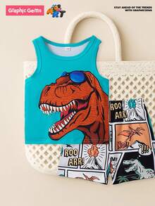 SHEIN Playful Pals 1 套男婴时尚酷炫可爱卡通恐龙涂鸦印花无袖上衣和短裤套装，适合外出和日常穿着，夏季