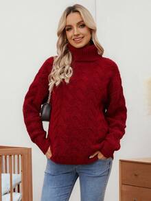 SHEIN 孕妇装秋冬简约纯色落肩麻花针织高领毛衣