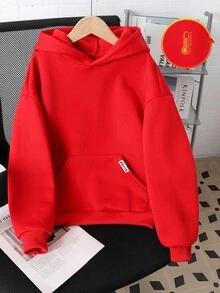 一件大码男童休闲红色卫衣，带口袋，时尚简约设计，适合春、秋、冬季穿着。 - 紅色 - 查看 5