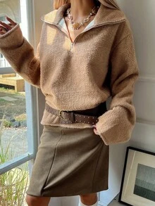 DAZY Women's Oversized Turtleneck Textured Knit Pullover Sweater, Casual & Relaxed Fit - Brown - View 3