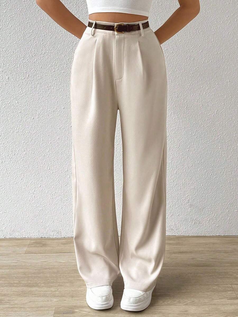 SHEIN EZwear Pantalon droit décontracté pour femme avec ceinture de taille - Beige - Voir 1