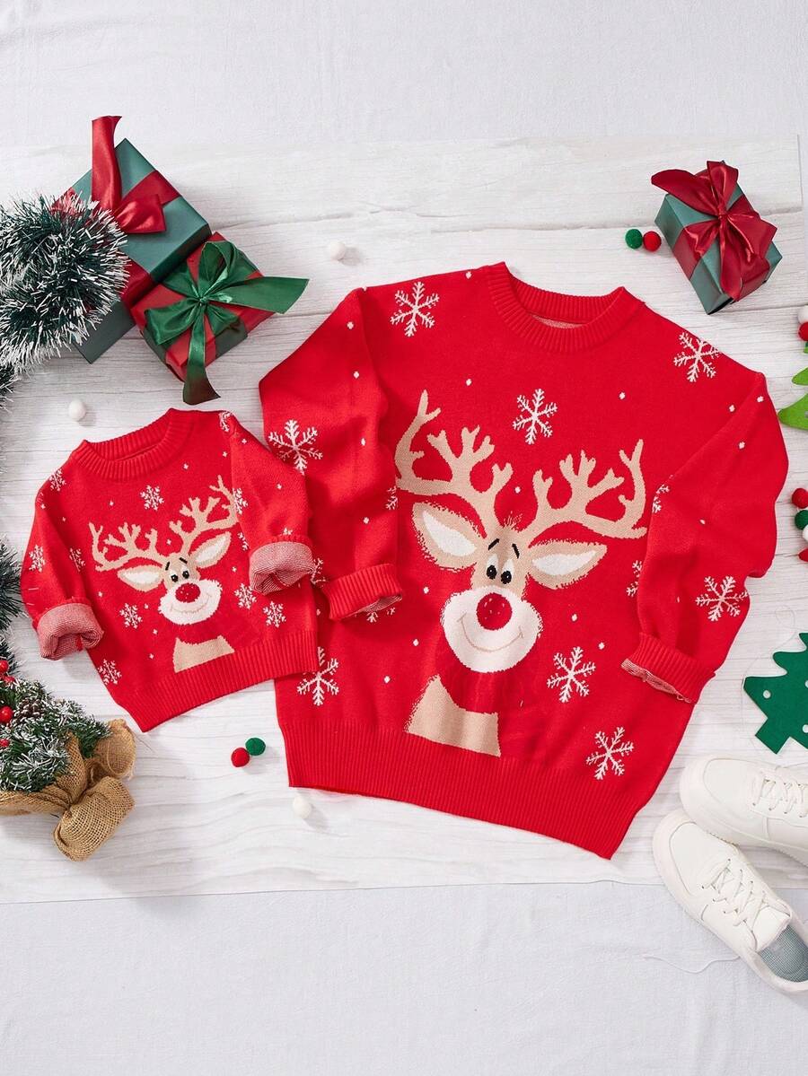 SHEIN Áo len dài tay cổ tròn họa tiết tuần lộc Giáng sinh tối giản cho bé trai, màu đỏ - Đỏ - Xem 1