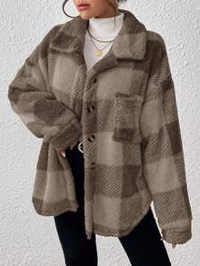 INAWLY 女士秋冬时尚通勤格子常规夹克 - 摩卡棕 - 查看 4