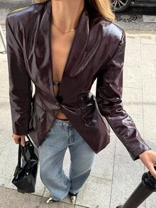 SHEIN BAE 时尚纯色束腰西装外套 - 酒紅色 - 查看 6