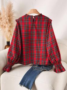 SHEIN CURVE+ Áo thun dáng chữ H cổ tròn, viền bèo, họa tiết kẻ caro đỏ, cỡ lớn, thích hợp cho dịp Giáng sinh, Năm mới, Ngày Valentine. - Đỏ - Xem 2