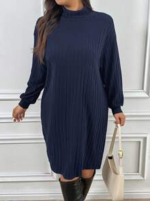 SHEIN Frenchy 大码女式纯色立领落肩休闲罗纹宽松连衣裙 - 藏蓝色 - 查看 6