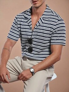 Manfinity Homme Camisa de manga corta casual de rayas jacquard tejida para hombres - Azul - Ver 3