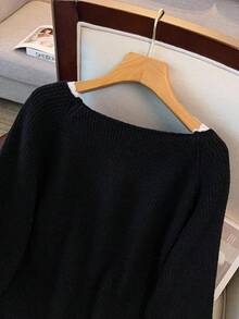 EMERY ROSE New Elegant Lace Trim V-Neck Soft & Versatile Plus Size Women Knit Pullover Top Winter - Black - View 7