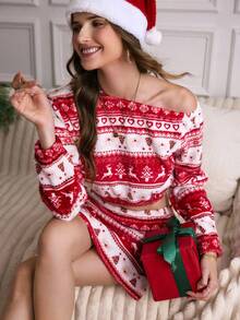 LanaWest 女式圣诞驯鹿图案羊毛斜肩长袖上衣和迷你裙两件套，秋冬 - 紅色 - 查看 5