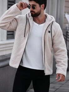 Manfinity Homme 时尚百搭保暖连帽拉链长袖男士外套，秋冬季抓绒连帽衫街头服饰 - 卡其色 - 查看 6