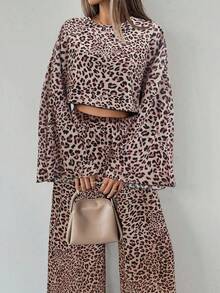 EMERY ROSE 2pcs Women Casual Leopard Print Loose Flare Sleeve Top And Wide Leg Pants Set, Autumn - Pink - View 5