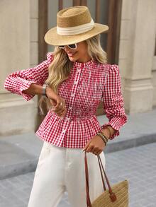 Brillora Áo sơ mi ca rô thường ngày dành cho nữ, thích hợp cho các buổi đi chơi, kỳ nghỉ, tiệc Giáng sinh, mùa thu/đông - Đỏ và trắng - Xem 6