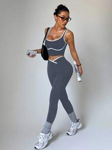 Dewbera Women's Seamless Contrast Color Yoga Activewear Set Two Piece Athletic Set Gym Two Piece Set Workout Legging Two Piece Set Grey Workout Set Gym Outfit - Grey - View 3