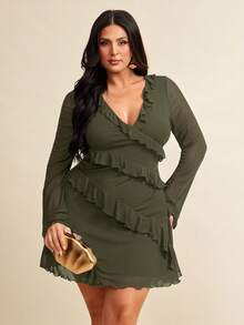 SHEIN BAE Plus Size Long Sleeve Dress, Romantic Sweet Ruffle Autumn Dress For Dating, Travel, Autumn Inner Wear, Bow, Summer Dresses For Ladies, Holiday Party Outfit For Women, Elegant, Birthday Outfits, Mesh, Sexy Dresses, Birthday Dress ,Back To School Girls Clothes,Girls Summer Outfits,Fall Clothes,School Clothes,Halloween,Winter,Y2k Clothes ,Vintage,Vacation Outfits Woman,Plus Size Women Clothes,Summer Dresses For Women,4th Of July Women - Army Green - View 5