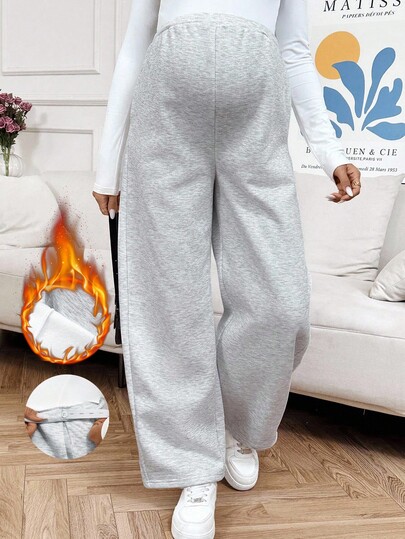 SHEIN Maternity Solid Color Adjustable Waist Thermal Lined Casual Wide Leg Sweatpants