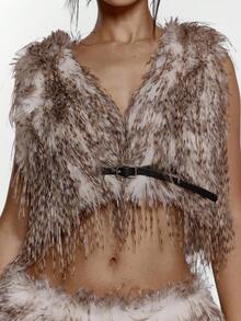 MUSERA Cropped Fluffy Faux Fur Belted Plunge V Front Top Sexy Going Out Night Out Winter Cute Streetwear - Multicolor - View 7
