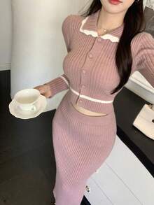 DAZY 2pcs Women Contrast Trim Cardigan & Knit Skirt Set - Pink - View 2
