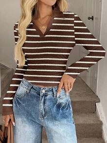 SHEIN LUNE Women's Casual Striped Slim Fit T-Shirt, Suitable For Autumn/Winter Coffee Brown Top - White - View 2