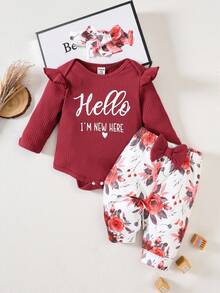 SHEIN Ensemble de 2 pièces comprenant un body imprimé graphique pour nouveau-né et nourrisson avec un pantalon décoré d'un nœud floral - Rouge foncé - Voir 1