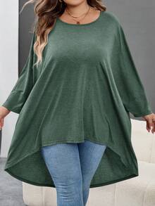 SHEIN CURVE+ 大尺碼純色蝙蝠袖前短後長T恤 - 墨綠色 - 查看 3