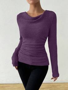 Almamuse Vintage Asymmetrical Draped Neck Textured Ruched Fitted Long Sleeve T-Shirt - Purple - View 3