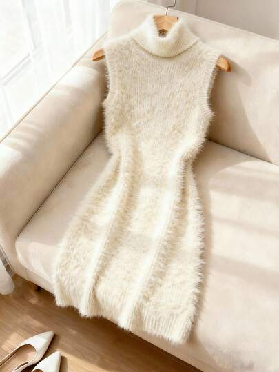 Franclia 大码女式时尚无袖多层针织高领柔软纹理毛衣裙，秋冬