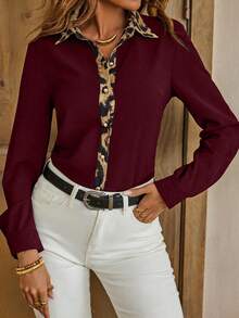 SHEIN LUNE 女士豹纹拼布长袖单排扣时尚衬衫（随机印花） - 酒紅色 - 查看 5