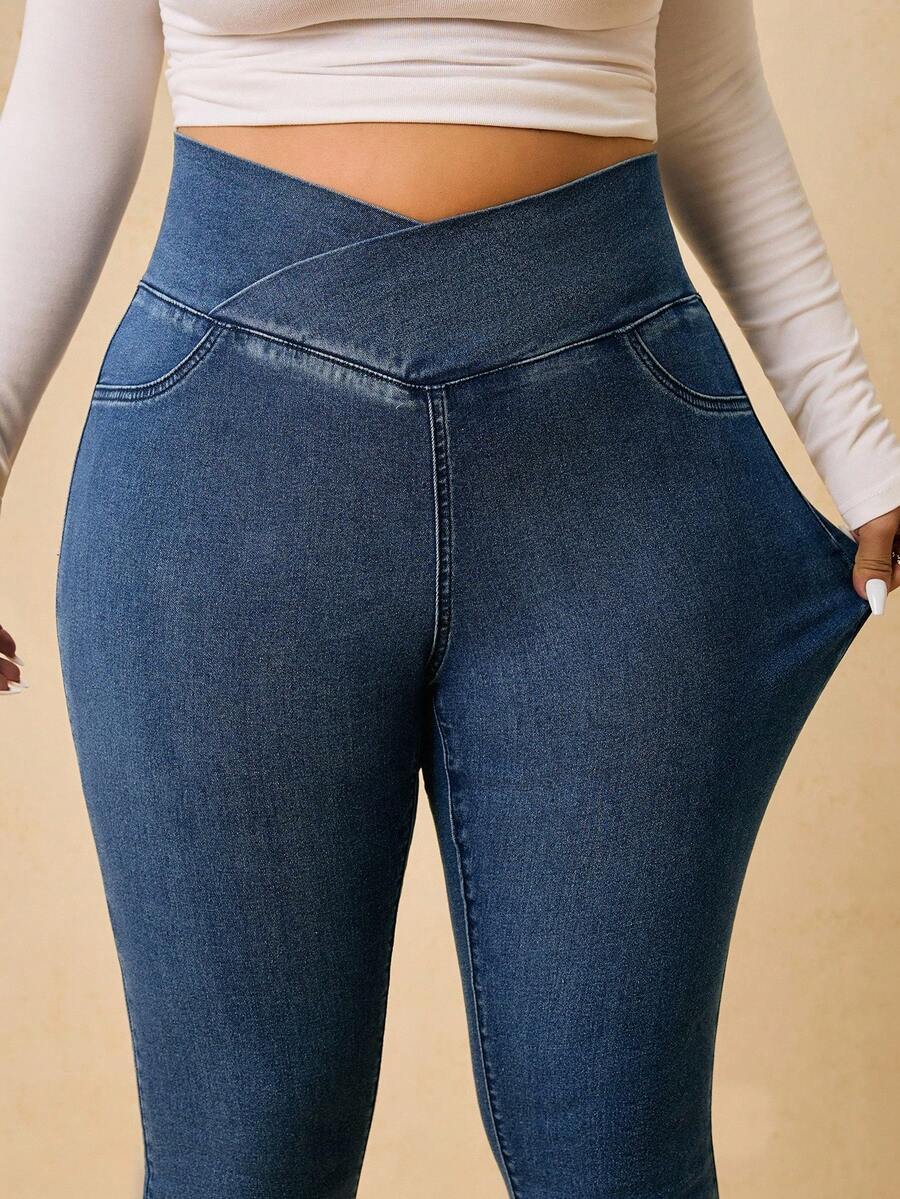 SHEIN Tall CURVE Plus Size Women Asymmetric Waist Skinny Casual Versatile Jeans - Blue - View 1