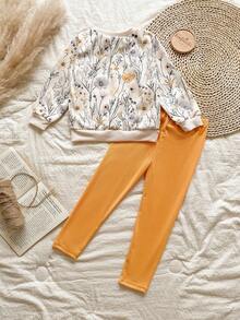 SHEIN Vintaside Kids Girls Yellow Ombre Floral Long Sleeve Sweatshirt And Ribbed Leggings Set, Fashionable & Cute Outfit For Spring/Autumn - Yellow - View 2