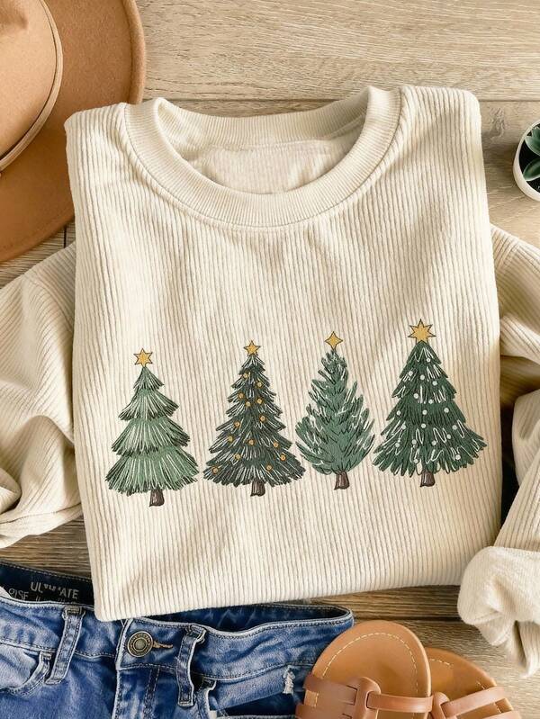 INAWLY Christmas Tree Print Fashionable Minimalist Women Crew Neck Fleece Long Sleeve Sweatshirt, Gift For Friends, Autumn/Winter