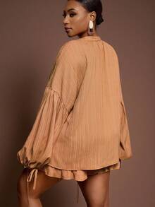 Veslaya 2025大码新款/复活节/西部/海滩/波西米亚/波西米亚风格女装/节日女装/狂欢节女装/复古风格女装/乡村音乐节女装/外出女装/仙女风格女装/节日女装/机场女装/西部女装/热带度假女装适合春夏季，春夏女士优雅通勤派对俱乐部街头装卡其色长袖短款上衣带荷叶边和口袋，休闲短裤两件套 - 卡其色 - 查看 10