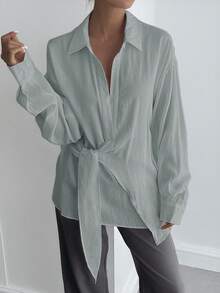 DAZY 女式半开襟侧系带套头衫休闲优雅衬衫长袖上衣 - 藍色 - 查看 4