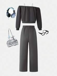 2pcs/Set Tween Girls' Off-Shoulder Sweatshirt And Loose Fit Sweatpants Casual Sports Suit, Autumn/Winter - Dark Grey - View 2