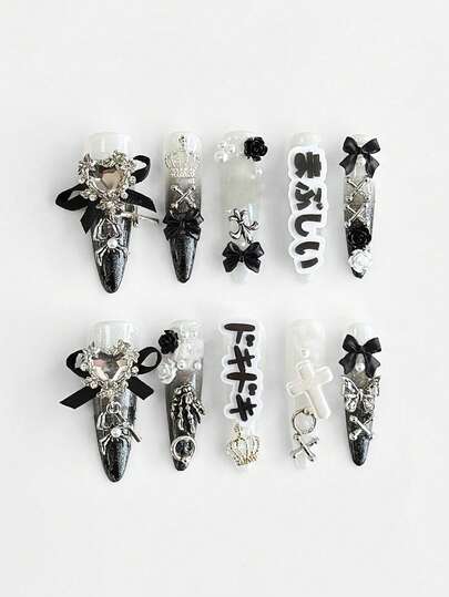 Anime 10pcs Cute Bowknot Music Note Star Element High Quality Handmade False Nails + 3pcs Double-Sided Adhesive, Y2K French Style Rhinestone Chain Polka Dot Removable Nail Art Stickers, Suitable For Holidays, Parties, Dancing And Daily Wear