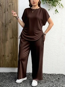 EMERY ROSE 2件套加大码休闲纯色深棕色套装，适合夏季