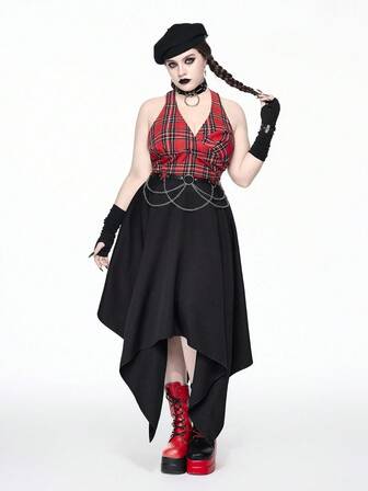 Grunge Punk Vestido de talla grande con diseño de busto retorcido de parches de tartán rojo vintage estilo grunge-punk, bajo asimétrico con cadena metálica en la cintura, para otoño/invierno, vestido largo de moda retro para mujeres de talla grande, para Halloween y uso diario