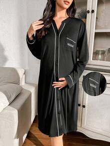 Moonlight&Mama 撞色边开衫连衣裙，长袖中长款宽松刺绣字母口袋孕妇家居服，舒适装 - 黑色 - 查看 4