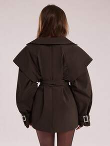 SHEIN BAE 女式纯色腰带长袖风衣，秋冬 - 咖啡棕 - 查看 2