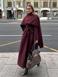 SHEIN BAE 秋季優雅女款辦公服裝酒紅色大衣，純色長版大衣配超大圍巾、披肩與腰帶，時尚粗花呢長夾克 - 酒紅色 - 查看 3