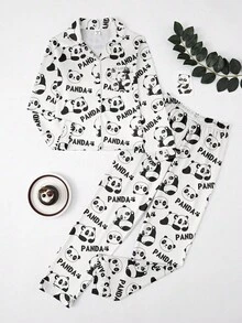 New Panda Print Men's Sleepwear, Cotton Long Sleeve Cardigan Loungewear, Spring/Autumn - Black and White - View 1