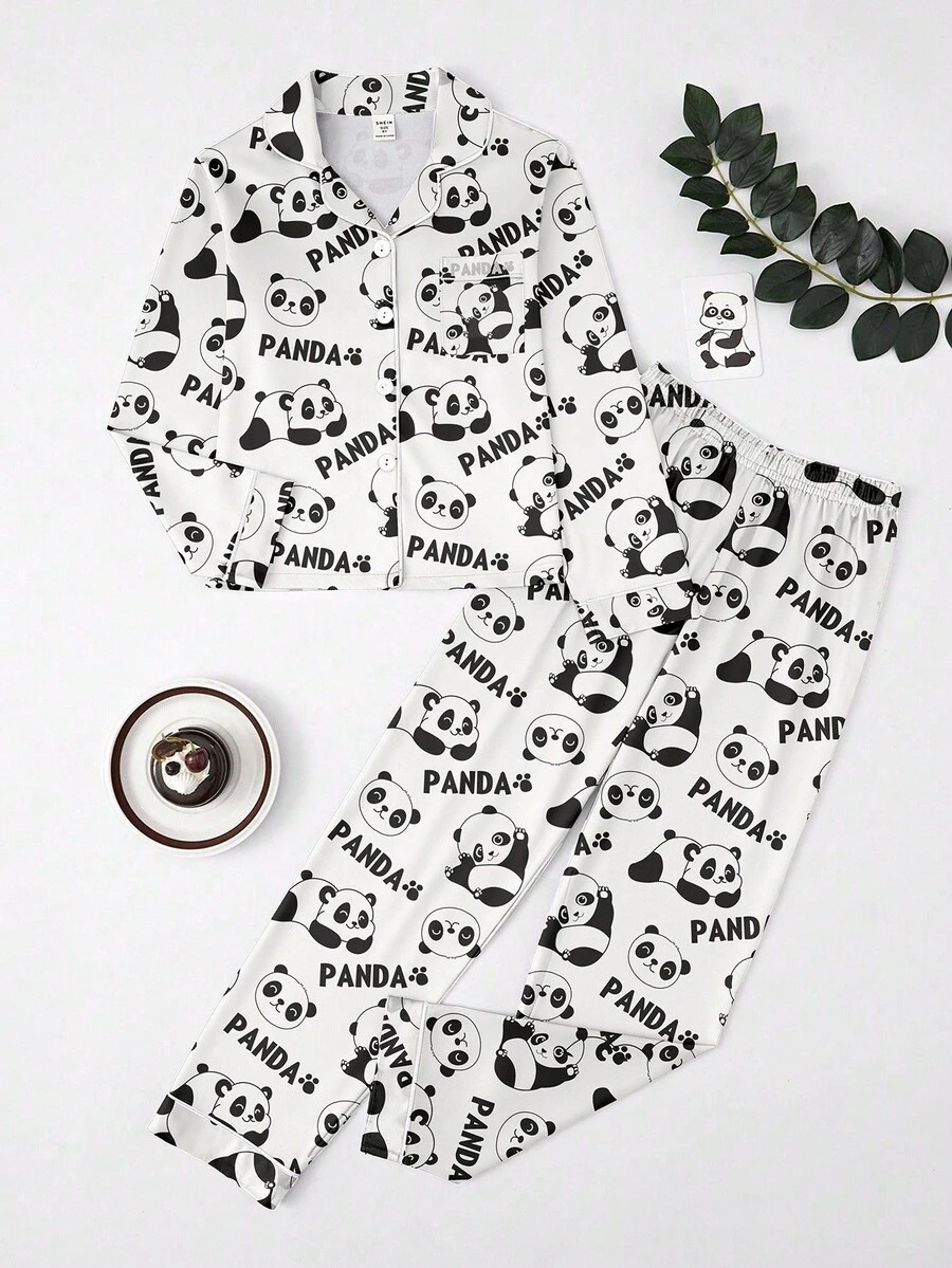 New Panda Print Men's Sleepwear, Cotton Long Sleeve Cardigan Loungewear, Spring/Autumn - Black and White - View 1