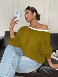 Elenzga Sweater Lengan Panjang Kerah Bulat Kasual Wanita Ukuran Besar dengan Pita, Musim Gugur/Musim Dingin - Mustard Yellow - View 7