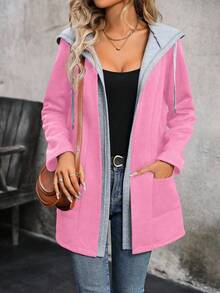 EMERY ROSE 拼色保暖内衬连帽口袋休闲长袖夹克 - 粉色 - 查看 3