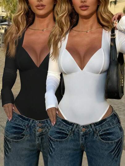 EMERY ROSE Conjunto de 2 piezas de body con cuello de corazón y manga larga en unicolor sexy para mujer, estilo Y2K