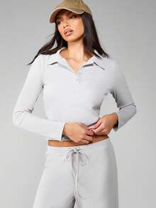 MISSGUIDED Ribbed Knit Half Button Polo Crop Top Casual Lounge Long Sleeve Modern Minimalist Essential Wardrobe Basics Perfect For Layering All Season - Light Grey - View 1