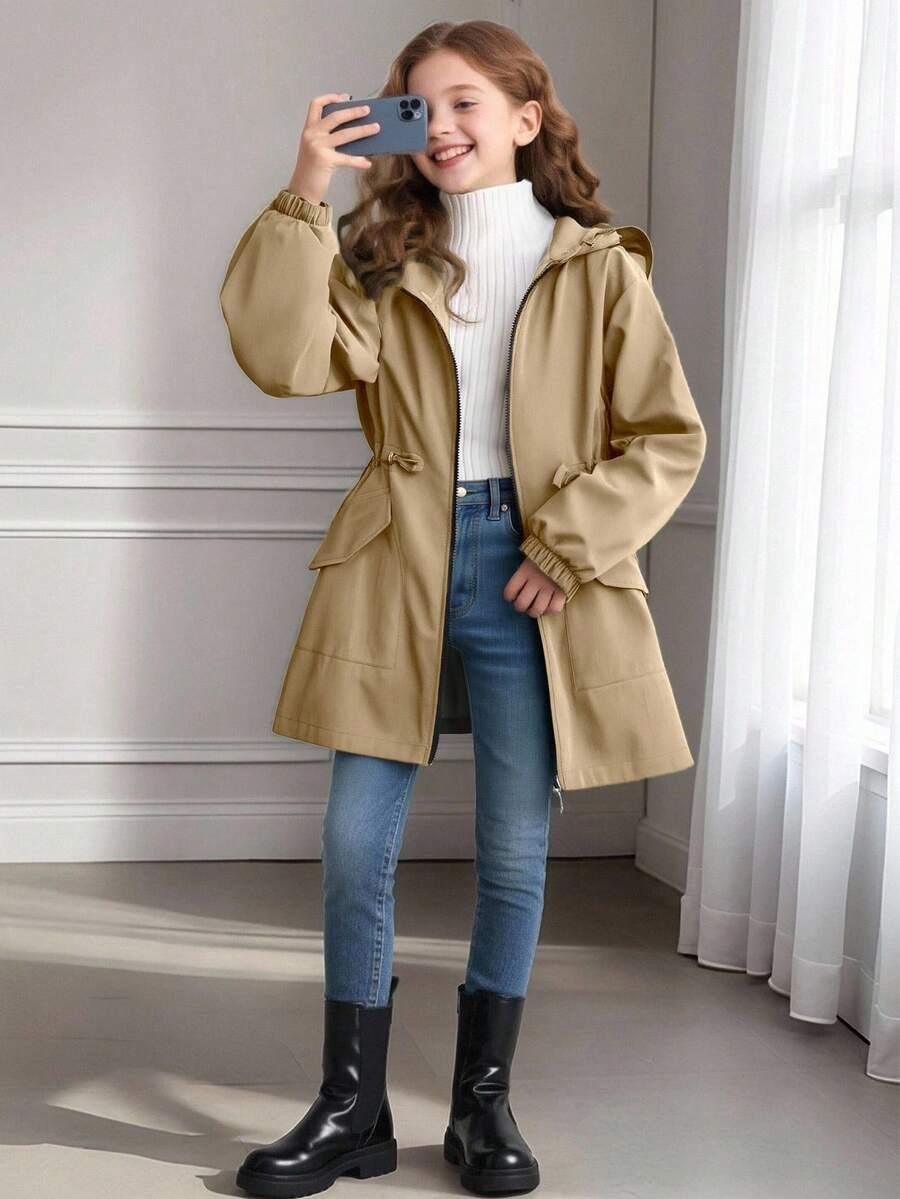 少女束腰连帽中长款轻便夹克，适合秋季日常穿着