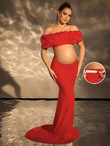 Cheriluna Maternity 1pc Maternity Solid Color Off-Shoulder Short Sleeve Top And Elegant Photoshoot Outfit