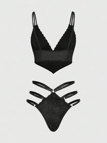 ROMWE Bộ áo ngực và quần lót không dây đính đá nhung Gothic dành cho nữ - màu đen - Xem 2